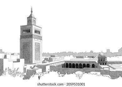 A hand-drawn sketch (using a digital pencil and brush) of the Al-Zaytuna Mosque (the Mosque of Olive) in Tunis, Tunisia