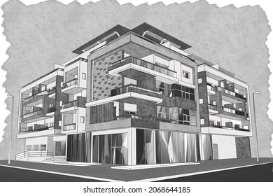 Hand-drawn sketch (using digital pencil and brush) of a modern 5th floor apartment building with solar panels on the roof. Modern architecture and sustainability