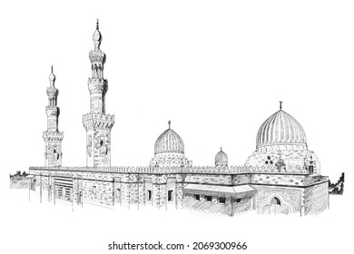 A hand-drawn sketch (using a digital pencil) of the Khanqah of Faraj ibn Barquq Mosque in Cairo, Egypt. Islamic architecture 