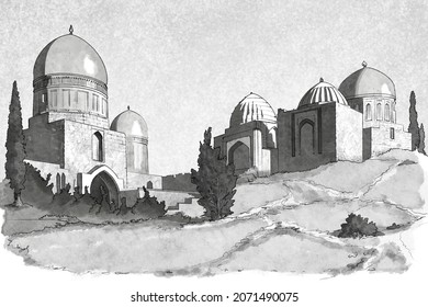 A hand-drawn sketch (using a digital pencil and brush) of the Shah-i-Zindah (The living king) ensemble, Samarkand, Uzbekistan. Islamic architecture 