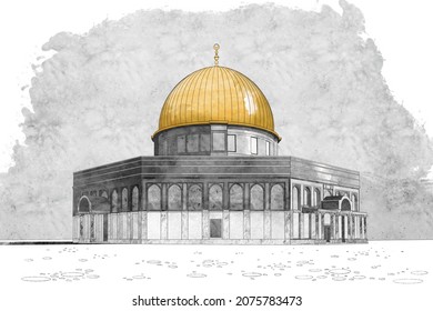 A hand-drawn sketch (using a digital pencil and brush) of the Al Aqsa Mosque (Dome of the Rock) in Jerusalem. Islamic architecture 