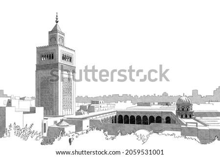 A hand-drawn sketch (using a digital pencil and brush) of the Al-Zaytuna Mosque (the Mosque of Olive) in Tunis, Tunisia