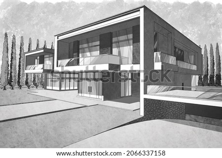 A hand-drawn sketch (using a digital pencil and brush) of the contemporary style family house with plants and garage. Modern architecture 