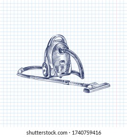 Hand-drawn sketch of vacuum cleaner on a white background. Cleaning equipment. Housekeeping and house work. 