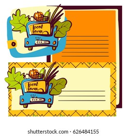 Hand-drawn sketch vector illustration for farm harvest eco festival. Element design style logo with car and vegetable basket for advertising shop, market.
