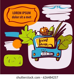 Hand-drawn sketch vector illustration for farm harvest eco festival. Element design style logo with car and vegetable basket for advertising shop, market.