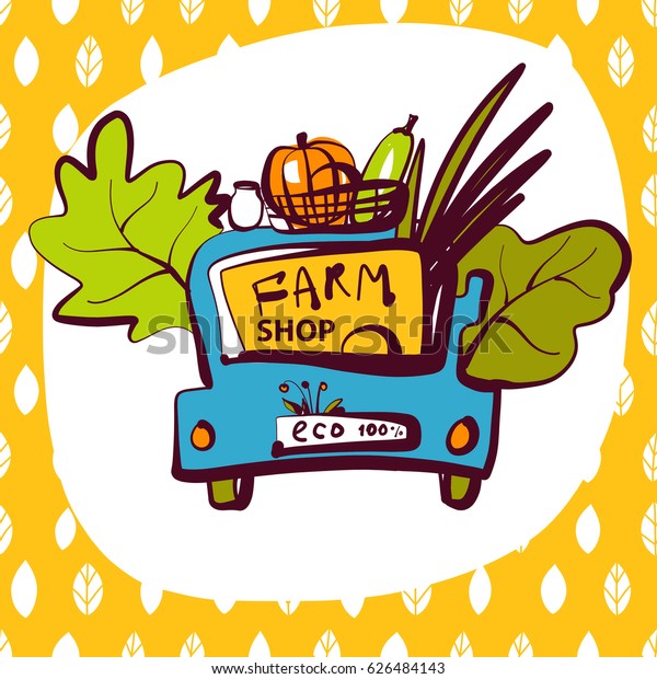Hand-drawn sketch vector illustration for\
farm harvest eco festival. Element design style logo with car and\
vegetable basket for advertising shop,\
market.