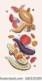 A hand-drawn sketch of vegetable peelings.