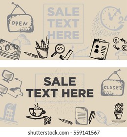 Hand-drawn sketch vintage big sale banner with office tools. Vector illustrations