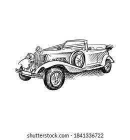 Hand-drawn sketch of vintage car for Wedding. Preparation for wedding ceremony. Bride and groom. Holiday. Celebration.
