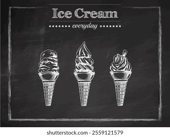 Hand-drawn sketch of vintage ice cream cones on chalk background