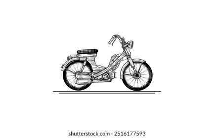 Um esboço desenhado à mão de uma motocicleta vintage, renderizada em preto e branco, mostrando seu design clássico e detalhamento.