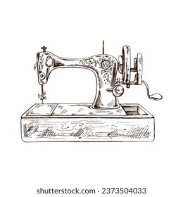 Hand-drawn sketch of vintage sewing machine. Handmade, sewing equipment concept in vintage doodle style. Engraving style.