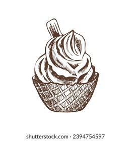 A hand-drawn sketch of a waffle basket with frozen yogurt or ice cream with cookies. Vintage illustration. Element for the design of labels, packaging and postcards.