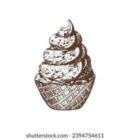 A hand-drawn sketch of a waffle basket with frozen yogurt or soft ice cream. Vintage illustration. Element for the design of labels, packaging and postcards.	