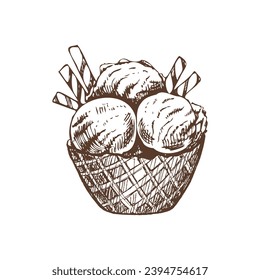 A hand-drawn sketch of a waffle basket with frozen yogurt or soft ice cream with waffle tubes. Vintage illustration. Element for the design of labels, packaging and postcards.