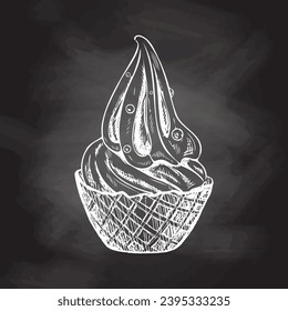 A hand-drawn sketch of a waffle basket with frozen yogurt or soft ice cream with pastry beads on chalkboard background. Vintage illustration. Element for the design of labels, packaging.