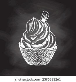 A hand-drawn sketch of a waffle basket with frozen yogurt or ice cream with cookies on chalkboard background. Vintage illustration. Element for the design of labels, packaging and postcards.