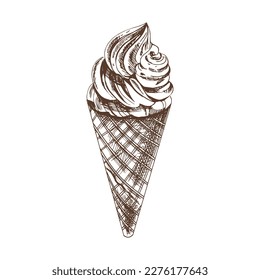 A hand-drawn sketch of a waffle cone with frozen yogurt or soft ice cream. Vintage illustration. Element for the design of labels, packaging and postcards.