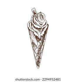 A hand-drawn sketch of a waffle cone with frozen yogurt or soft ice cream. Vintage illustration. Element for the design of labels, packaging and postcards.