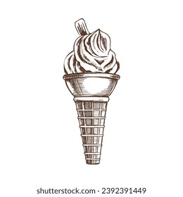 A hand-drawn sketch of a waffle cone with frozen yogurt or ice cream with cookies. Vintage illustration. Element for the design of labels, packaging and postcards.