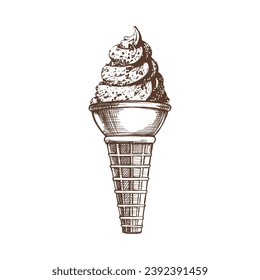 A hand-drawn sketch of a waffle cone with frozen yogurt or soft ice cream. Vintage illustration. Element for the design of labels, packaging and postcards.