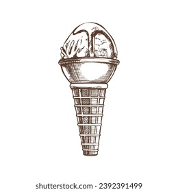 A hand-drawn sketch of a waffle cone with frozen yogurt or ice cream with chocolate sauce on top. Vintage illustration. Element for the design of labels, packaging and postcards.