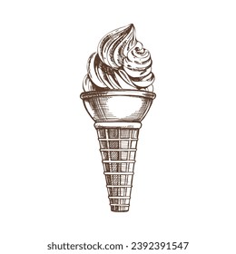 A hand-drawn sketch of a waffle cone with frozen yogurt or soft ice cream. Vintage illustration. Element for the design of labels, packaging and postcards.