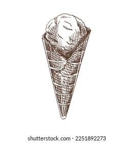 A hand-drawn sketch of a waffle cone with ice cream. Vintage illustration. Element for the design of labels, packaging and postcards.