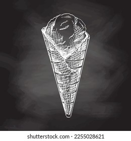 A hand-drawn sketch of a waffle cone with ice cream.  Chalkboard vector hand drawn Illustration. Vintage.  Element for the design of labels, packaging and postcards.