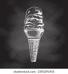 A hand-drawn sketch of a waffle cone with multi - layered frozen yogurt or soft ice cream on chalkboard background. Vintage illustration. Element for the design of labels, packaging.