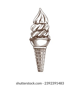 A hand-drawn sketch of a waffle cone with multi - layered frozen yogurt or soft ice cream. Vintage illustration. Element for the design of labels, packaging and postcards.