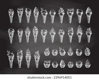 Hand-drawn sketch of a waffle cones and baskets with ice cream or frozen yoghurt on chalkboard background. Vintage illustration. Set. Element for labels, packaging and postcards. Sweet food. 