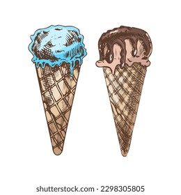 A hand-drawn sketch of a waffle cones with frozen yogurt or soft ice cream. Vintage illustration. Element for the design of labels, packaging and postcards.