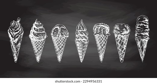 Hand-drawn sketch of waffle cones with ice cream or frozen yoghurt isolated on chalkboard background, white drawing. Set. Vector vintage engraved illustration.