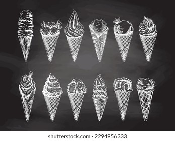 Hand-drawn sketch of waffle cones with ice cream or frozen yoghurt isolated on chalkboard background, white drawing. Set. Vector vintage engraved illustration.