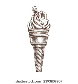 A hand-drawn sketch of a waffle cup with frozen yogurt or ice cream with cookies. Vintage illustration. Element for the design of labels, packaging and postcards.