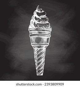 A hand-drawn sketch of a waffle cup with frozen yogurt or soft ice cream on chalkboard background. Vintage illustration. Element for the design of labels, packaging and postcards.