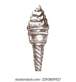 A hand-drawn sketch of a waffle cup with frozen yogurt or soft ice cream. Vintage illustration. Element for the design of labels, packaging and postcards.