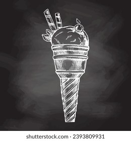 A hand-drawn sketch of a waffle cup with frozen yogurt or soft ice cream with waffle tubes and cherries on chalkboard background. Element for the design of labels.