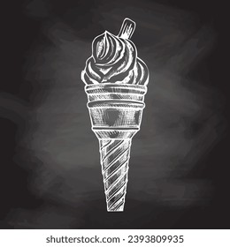 A hand-drawn sketch of a waffle cup with frozen yogurt or ice cream with cookies on chalkboard background. Vintage illustration. Element for the design of labels, packaging.