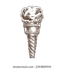 A hand-drawn sketch of a waffle cup with frozen yogurt or soft ice cream. Vintage illustration. Element for the design of labels, packaging and postcards.