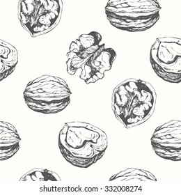 Hand-drawn sketch of walnuts. Seamless nature background. Fresh organic food. Black and white nut pattern.