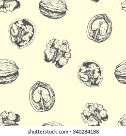 Hand-drawn sketch of walnuts. Seamless nature background. Fresh organic food. Black and white nut pattern.