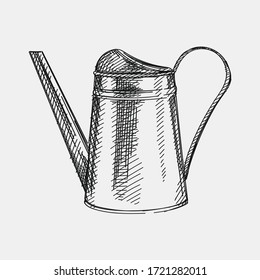Hand-drawn sketch of Watering can on a white background. Gardening tools and equipment. 