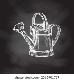 Hand-drawn sketch of watering can on chalkboard background. Vector illustration. Doodle gardening element. Ecology. 