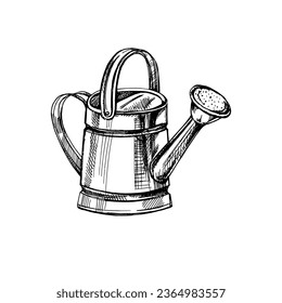 hand-drawn sketch of watering can. Vector illustration. Doodle gardening element. Ecology. 	