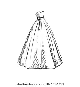 Hand-drawn sketch of wedding gown. Wedding accesories and dress. Preparation for wedding ceremony. Bride and groom. Holiday. Celebration.