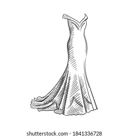 Hand-drawn sketch of wedding gown. Wedding accesories and dress. Preparation for wedding ceremony. Bride and groom. Holiday. Celebration.