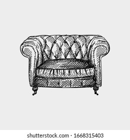 Hand-drawn sketch of wide Chesterfield leather armchair with quilted backrest. Armchair of the antique period. Vintage armchair. Chesterfield sofas